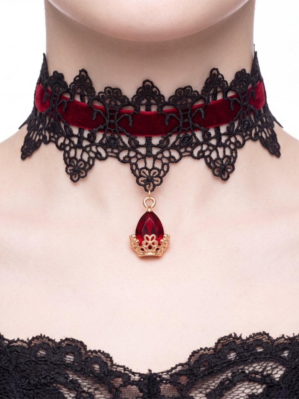 Lace Red Velvet Choker & Black Long Arm Sleeves Set